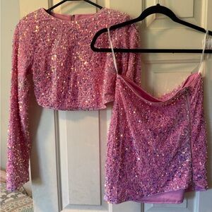 Pink Sequin Crop Top and Skirt Set